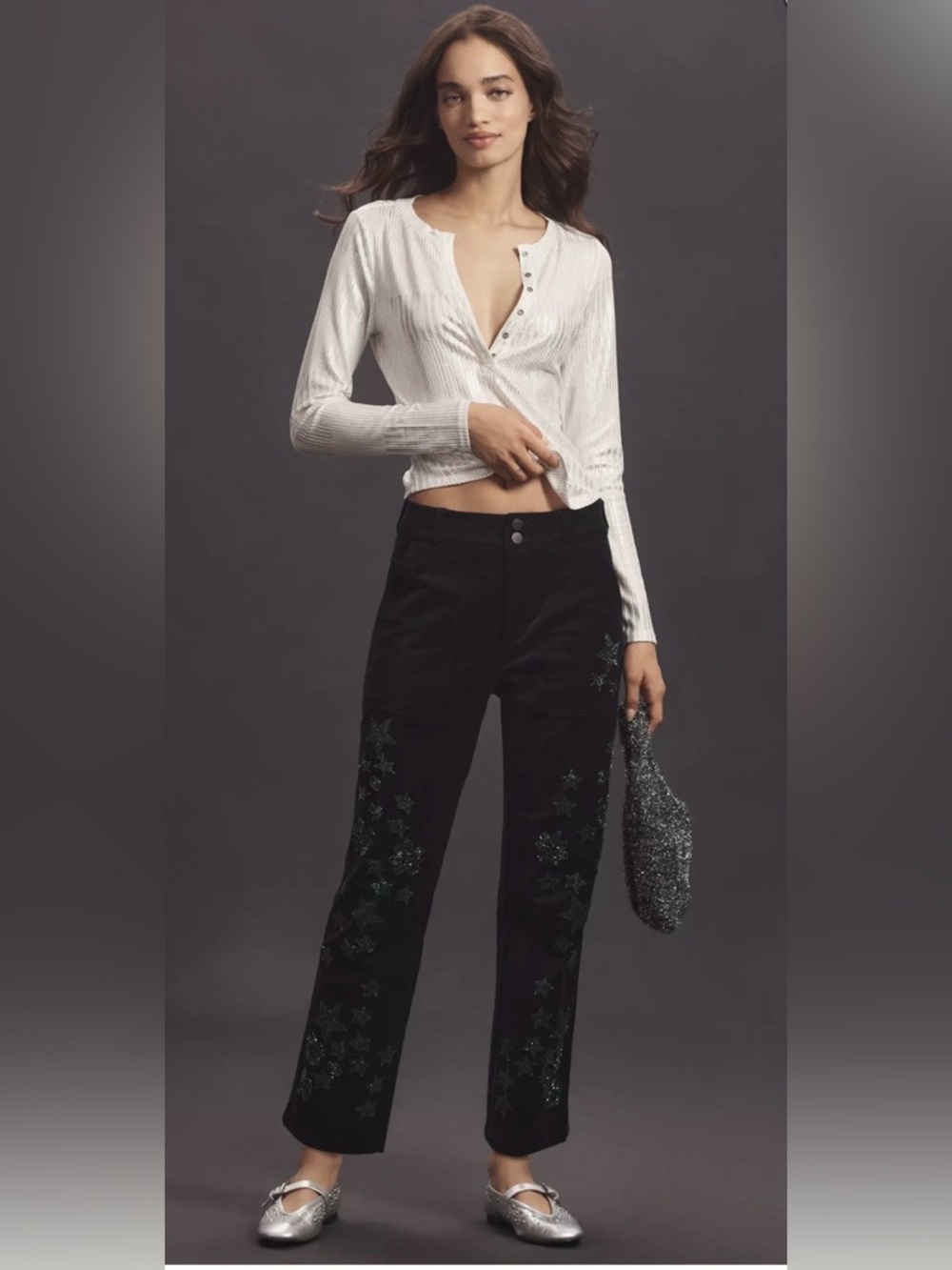 Pilcro The Wanderer Relaxed Leg Pant Decorated Edition Black Velvet Size 30